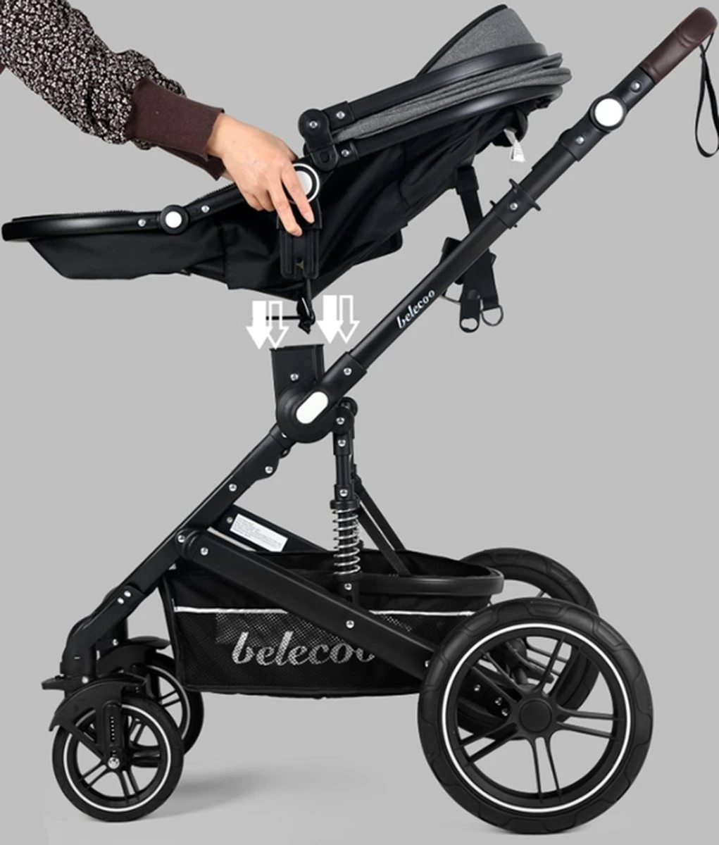 Belecoo - Luxe Kinderwagen - 3-in-1 Buggy - Opklapbare Wandelwagen - Autostoel - Wieg - Multifunctioneel - Zwart 6 Belecoo - Luxe Kinderwagen - 3-in-1 Buggy - Opklapbare Wandelwagen - Autostoel - Wieg - Multifunctioneel - Zwart - Afbeelding 4