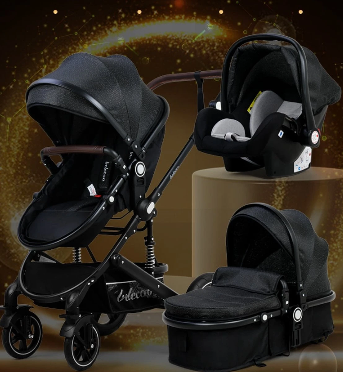 Belecoo - Luxe Kinderwagen - 3-in-1 Buggy - Opklapbare Wandelwagen - Autostoel - Wieg - Multifunctioneel - Zwart 8 Belecoo - Luxe Kinderwagen - 3-in-1 Buggy - Opklapbare Wandelwagen - Autostoel - Wieg - Multifunctioneel - Zwart - Afbeelding 6