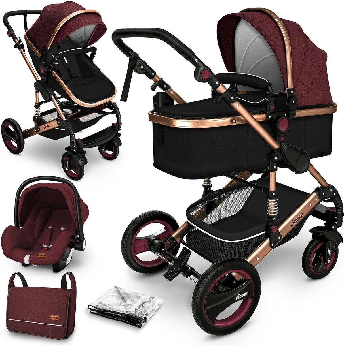 KIDUKU- 3 In 1 Combi-kinderwagen- Bordeaux- Zwart-goud- Buggy Incl. Autostoeltje-regenhoes- Inklapbaar 3 KIDUKU- 3 In 1 Combi-kinderwagen- Bordeaux- Zwart-goud- Buggy Incl. Autostoeltje-regenhoes- Inklapbaar