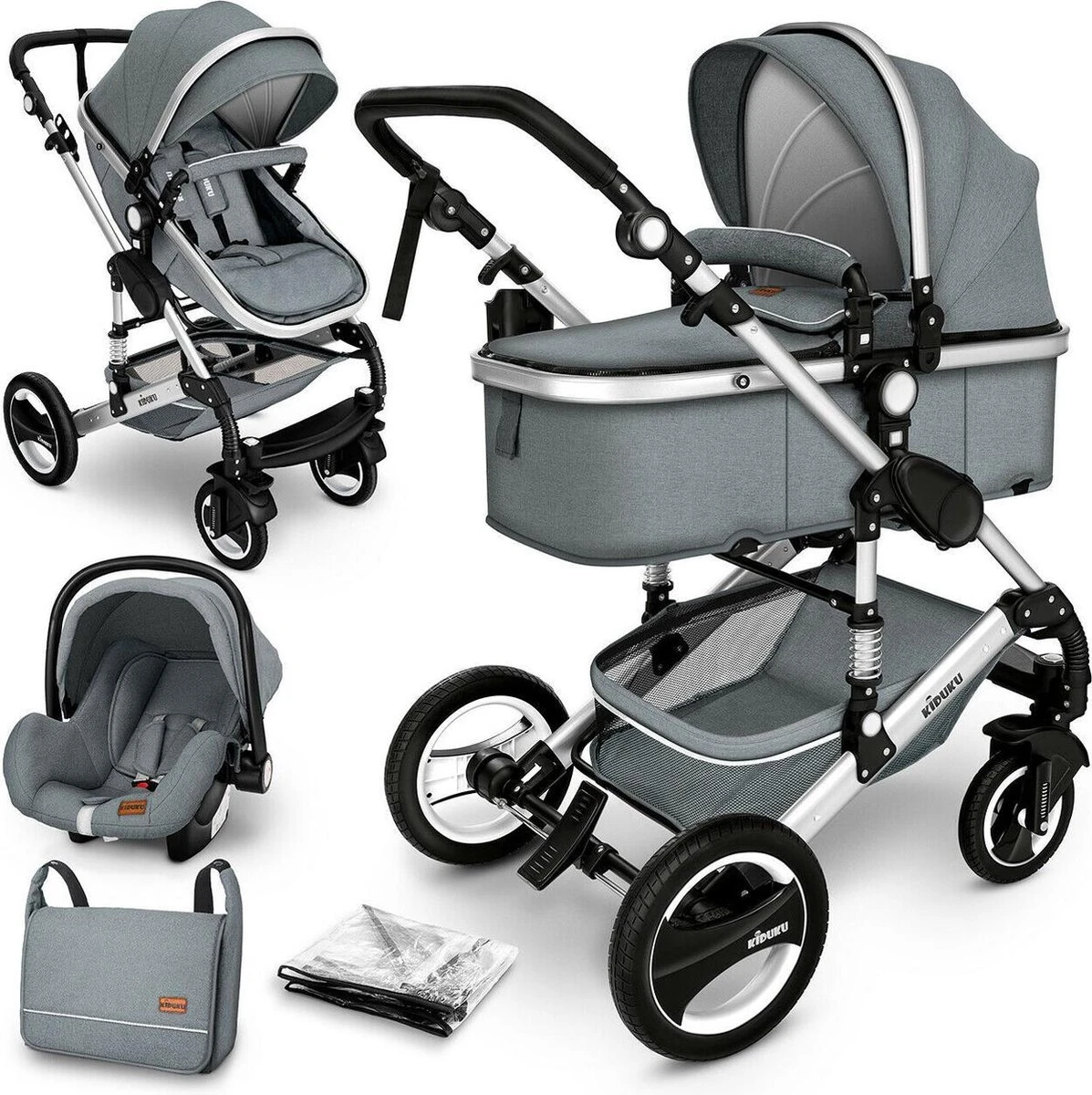 KIDUKU- 3 In 1 Combi-kinderwagen- Grijs/zilver- Buggy Incl. Autostoeltje-regenhoes- Inklapbaar 3 KIDUKU- 3 In 1 Combi-kinderwagen- Grijs/zilver- Buggy Incl. Autostoeltje-regenhoes- Inklapbaar