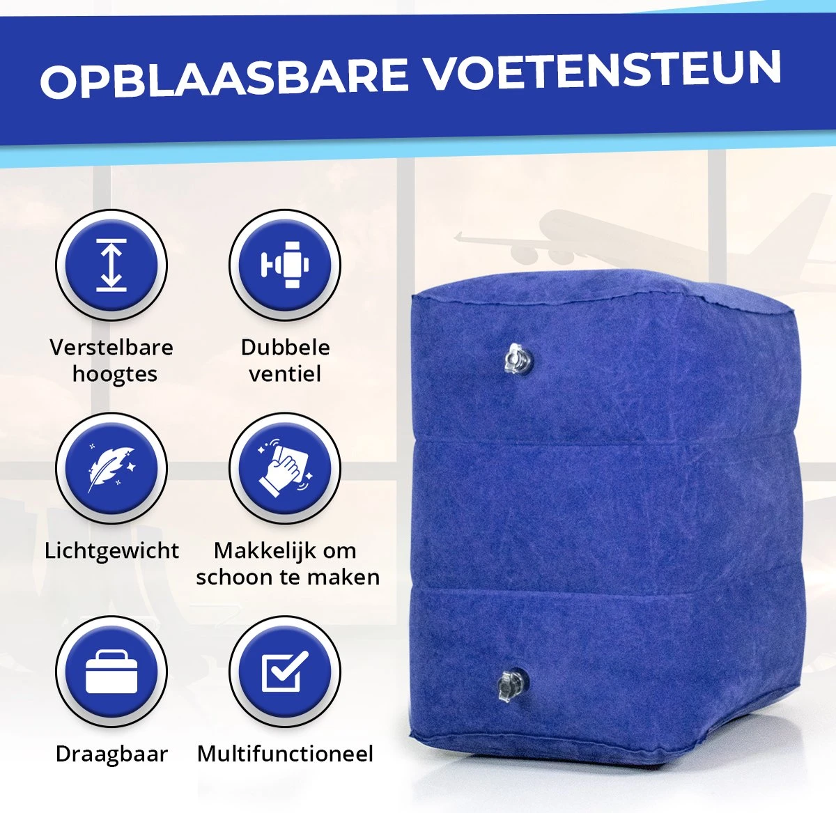 Merkloos Voetensteun - Vliegtuigbedje - Premium Quality - Reisbedje - 3 Hoogtestanden - Vliegtuig Kussen - Voetenbankje Of Poef - Met Opbergzakje & Pomp - Blauw 8 Merkloos Voetensteun - Vliegtuigbedje - Premium Quality - Reisbedje - 3 Hoogtestanden - Vliegtuig Kussen - Voetenbankje Of Poef - Met Opbergzakje & Pomp - Blauw - Afbeelding 6