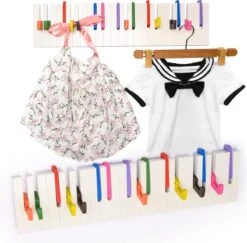 Merkloos Decopatent® Wandkapstok Hout - Piano Kinderkamer Kapstok - Met 16 Ophang Haken - Wand Kapstok - Garderoberek - Wit - 60 Cm Breed