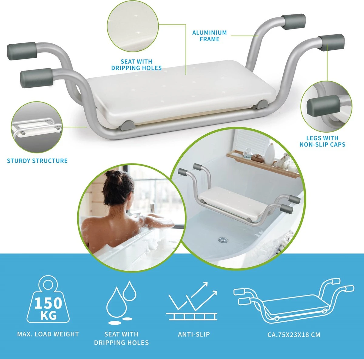 Vivamore Badzitje - Badstoeltje Tot Max. 150 KG - 74 X 23 X 18 CM - Badkruk - Anti-Slip Poten - Stevig Frame - Wit 9 Vivamore Badzitje - Badstoeltje Tot Max. 150 KG - 74 X 23 X 18 CM - Badkruk - Anti-Slip Poten - Stevig Frame - Wit - Afbeelding 7