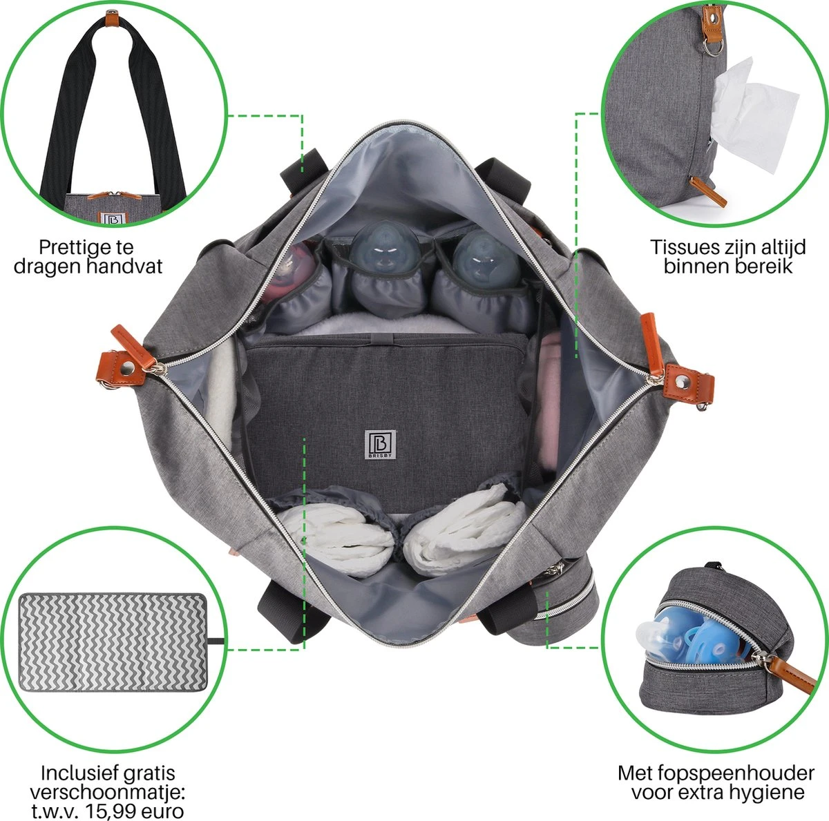 Brisby Slijtvaste Luiertas - Verzorgingstas Groot - Grijs - Inclusief Verschoonmatje - Isoleervakken - Fopspeen Houder - Makkelijk Te Bevestigen Aan De Kinderwagen 4 Brisby Slijtvaste Luiertas - Verzorgingstas Groot - Grijs - Inclusief Verschoonmatje - Isoleervakken - Fopspeen Houder - Makkelijk Te Bevestigen Aan De Kinderwagen - Afbeelding 2