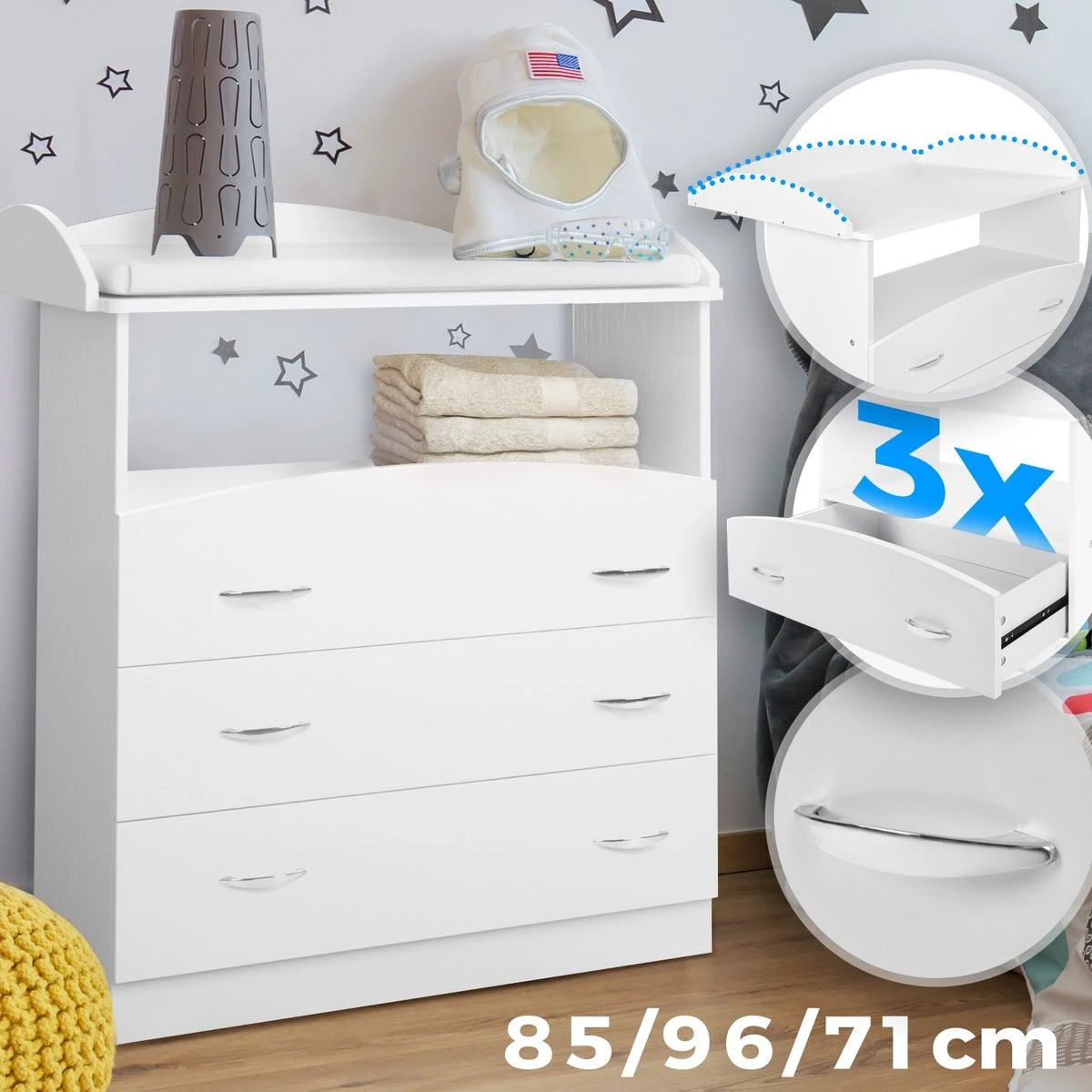 GoodVibes - Ruime Babycommode Met 3 Grote Laden En Compartiment - 85x71x96 Cm - Wit 11 GoodVibes - Ruime Babycommode Met 3 Grote Laden En Compartiment - 85x71x96 Cm - Wit - Afbeelding 9