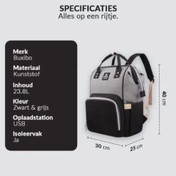 Buxibo Luier- En Verzorgingstas Inclusief USB Oplaadstation - Baby Rug Tas Met Isoleervak - Diaper Backpack Bag - Reis Rugzak - Grote Capaciteit - 23.8L - Zwart -Winkel Voor Babyproducten 1200x1200 2287
