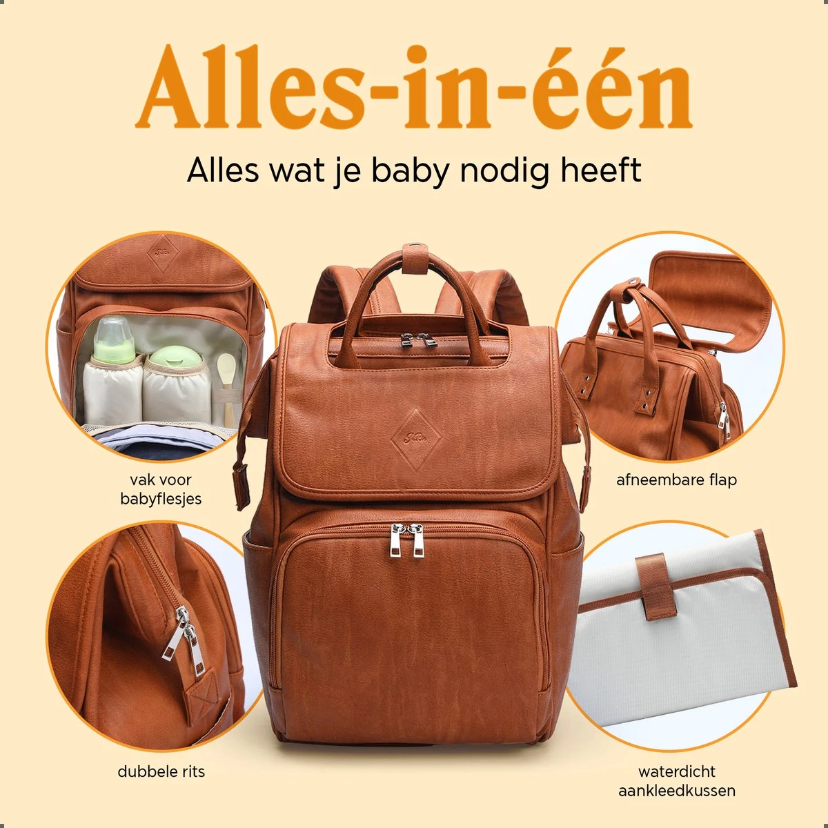 JeRie Luiertas Rugzak – Verschoonmatje – Verzorgingstas – Luiertassen – Met Kinderwagen Haken - Bruin 4 JeRie Luiertas Rugzak – Verschoonmatje – Verzorgingstas – Luiertassen – Met Kinderwagen Haken - Bruin - Afbeelding 2
