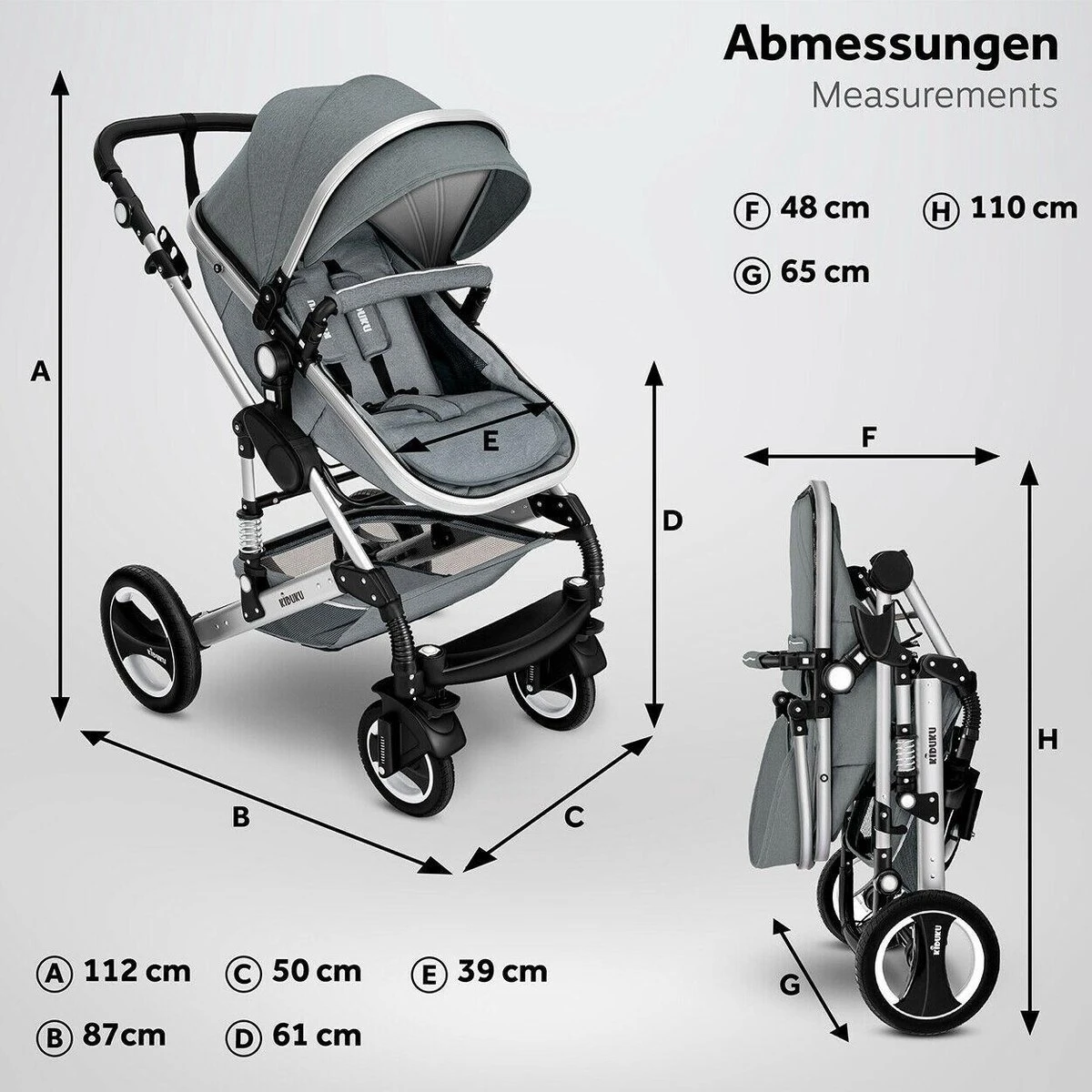 KIDUKU- 3 In 1 Combi-kinderwagen- Grijs/zilver- Buggy Incl. Autostoeltje-regenhoes- Inklapbaar 4 KIDUKU- 3 In 1 Combi-kinderwagen- Grijs/zilver- Buggy Incl. Autostoeltje-regenhoes- Inklapbaar - Afbeelding 2