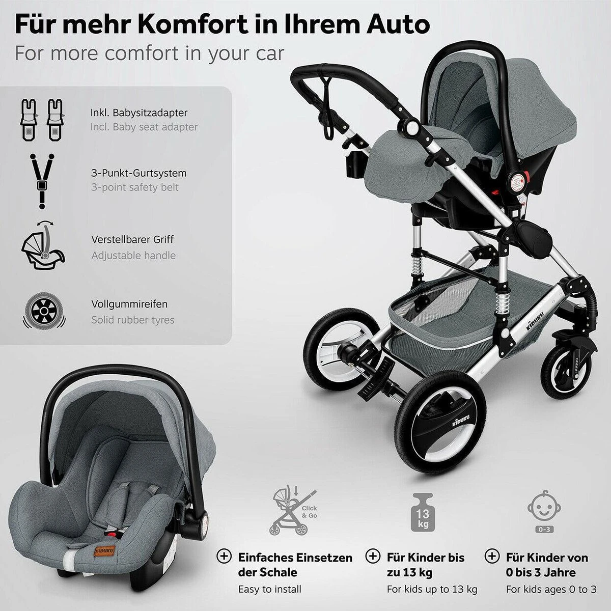 KIDUKU- 3 In 1 Combi-kinderwagen- Grijs/zilver- Buggy Incl. Autostoeltje-regenhoes- Inklapbaar 5 KIDUKU- 3 In 1 Combi-kinderwagen- Grijs/zilver- Buggy Incl. Autostoeltje-regenhoes- Inklapbaar - Afbeelding 3