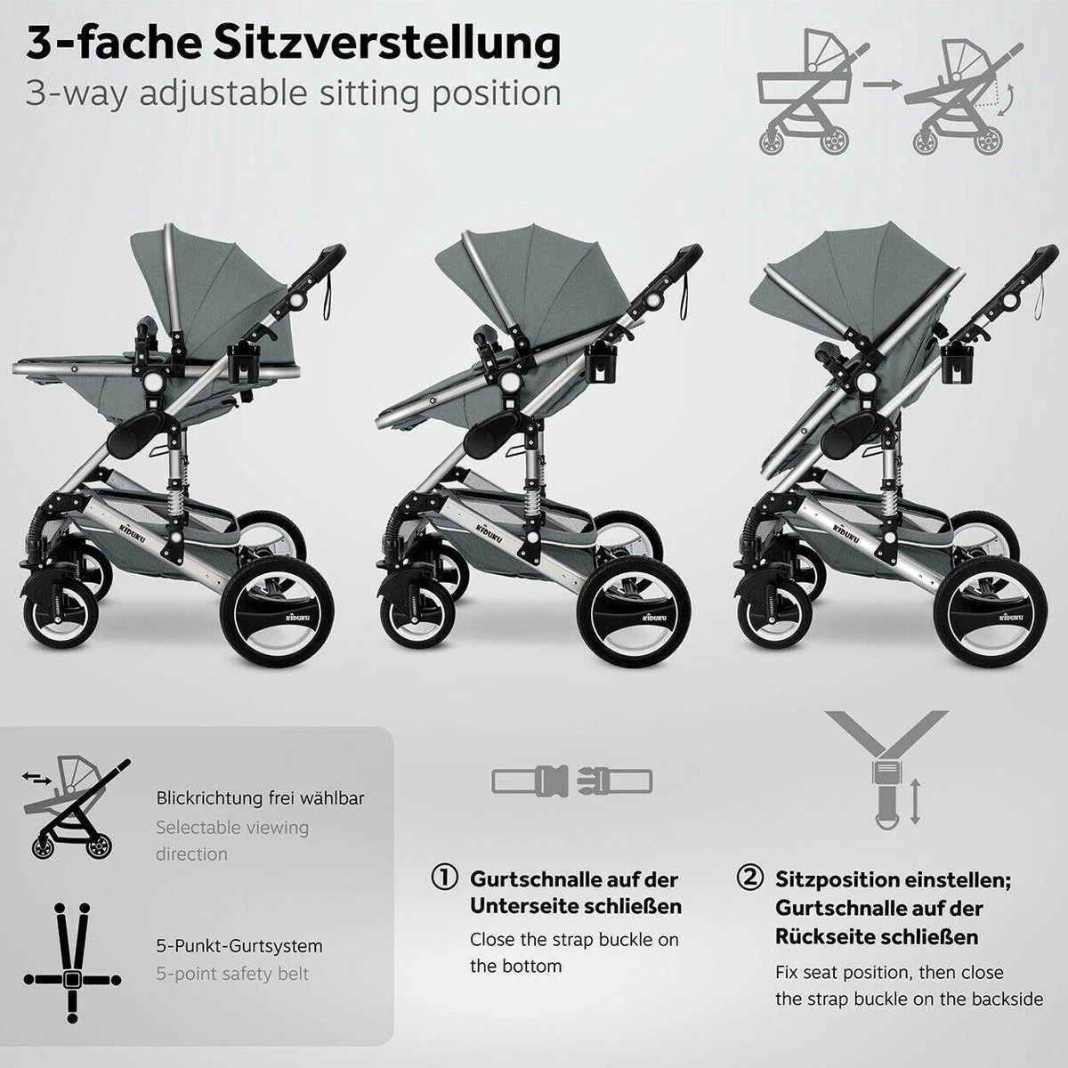 KIDUKU- 3 In 1 Combi-kinderwagen- Grijs/zilver- Buggy Incl. Autostoeltje-regenhoes- Inklapbaar 10 KIDUKU- 3 In 1 Combi-kinderwagen- Grijs/zilver- Buggy Incl. Autostoeltje-regenhoes- Inklapbaar - Afbeelding 8