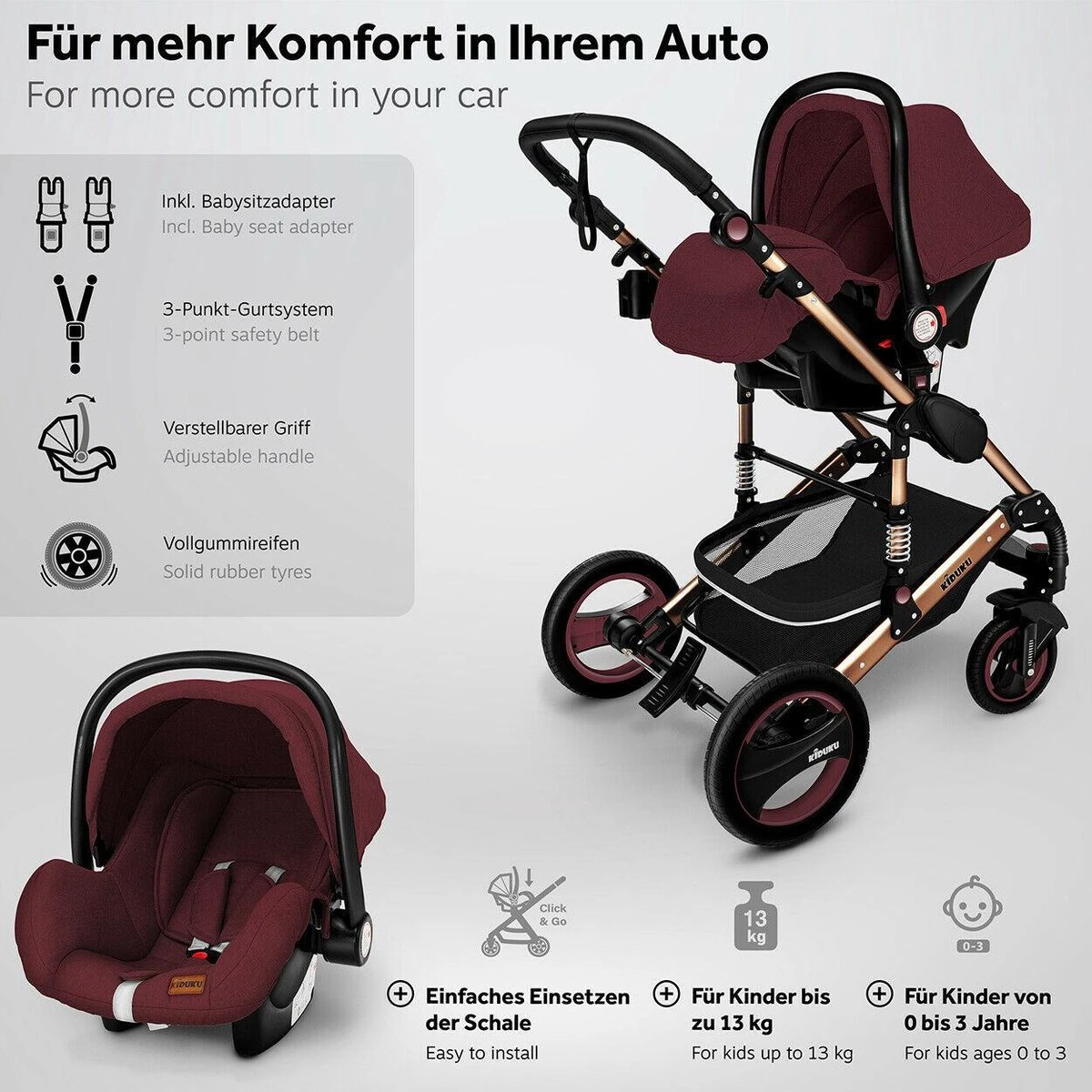 KIDUKU- 3 In 1 Combi-kinderwagen- Bordeaux- Zwart-goud- Buggy Incl. Autostoeltje-regenhoes- Inklapbaar 9 KIDUKU- 3 In 1 Combi-kinderwagen- Bordeaux- Zwart-goud- Buggy Incl. Autostoeltje-regenhoes- Inklapbaar - Afbeelding 7