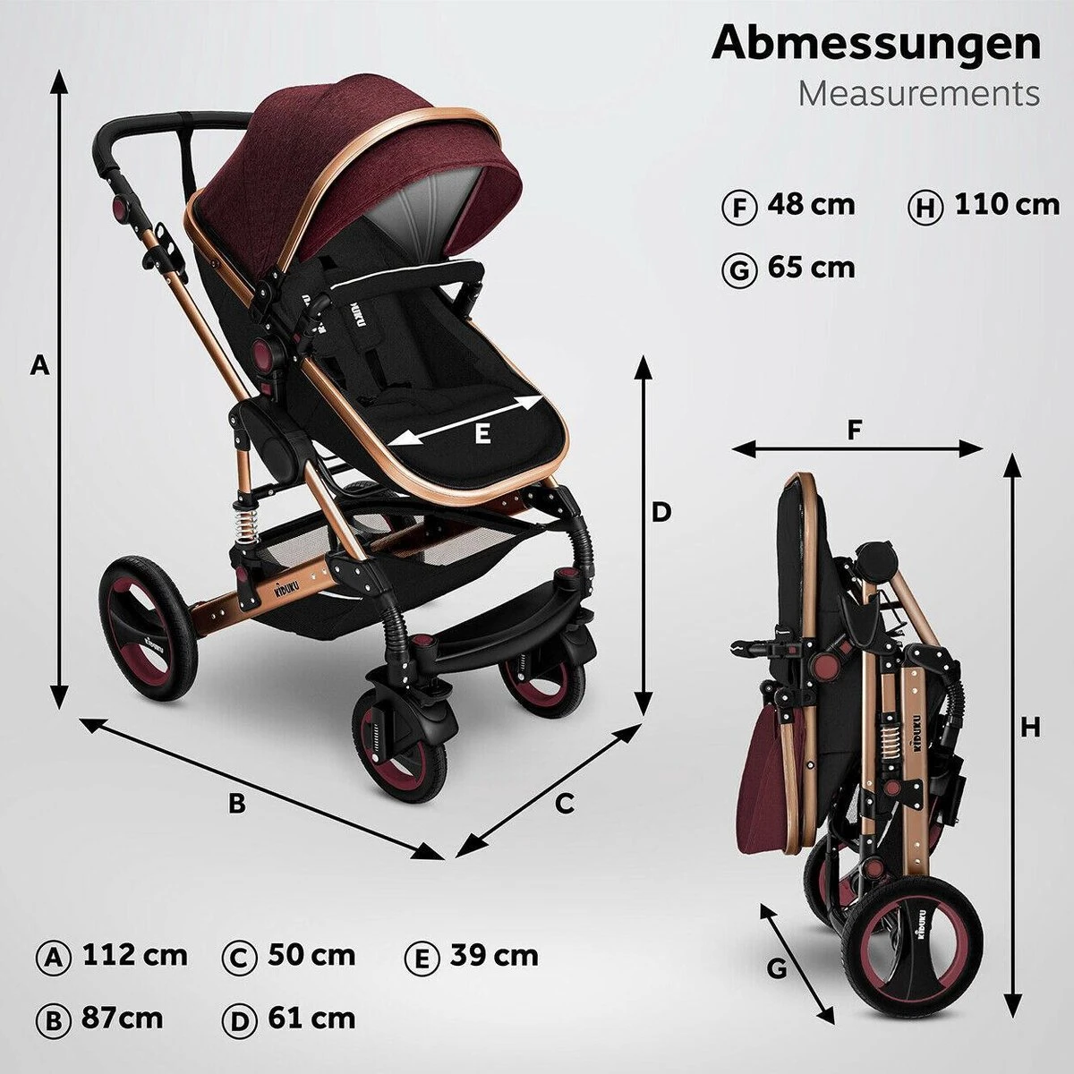 KIDUKU- 3 In 1 Combi-kinderwagen- Bordeaux- Zwart-goud- Buggy Incl. Autostoeltje-regenhoes- Inklapbaar 12 KIDUKU- 3 In 1 Combi-kinderwagen- Bordeaux- Zwart-goud- Buggy Incl. Autostoeltje-regenhoes- Inklapbaar - Afbeelding 10