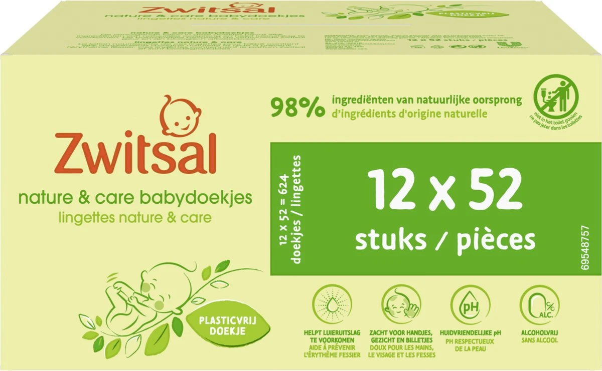 Zwitsal Billendoekjes Nature & Care Alcoholvrij - Plasticvrij - 624 Doekjes - Voordeelverpakking 3 Zwitsal Billendoekjes Nature & Care Alcoholvrij - Plasticvrij - 624 Doekjes - Voordeelverpakking
