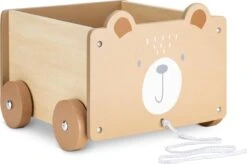 Navaris Houten Speelgoedkist Op Wielen - Opbergbox Voor Speelgoed - Inclusief Trektouw - Beer - 25,5 X 24 X 20 Cm - Bruin