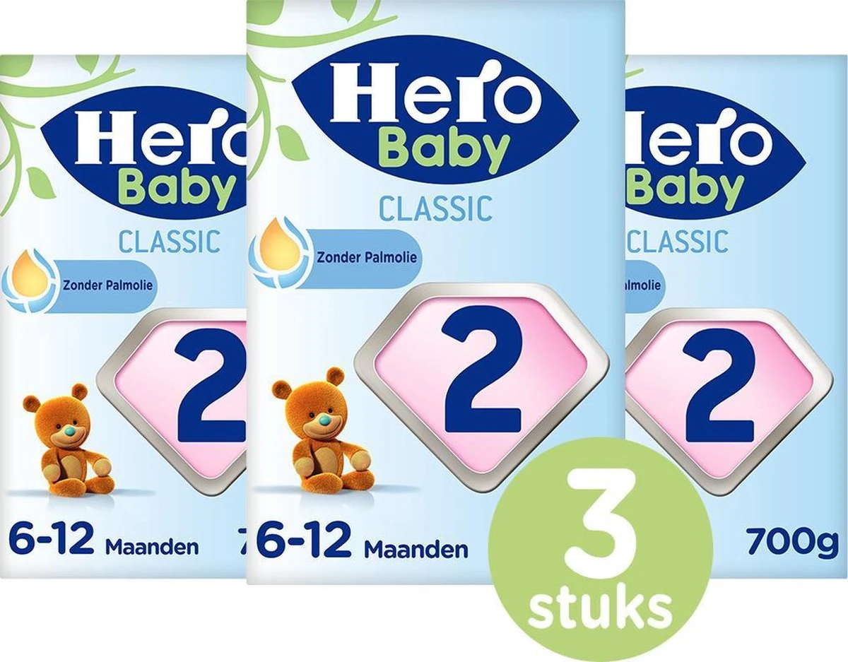Hero Baby Opvolgmelk Classic 2 Vanaf 6+ Maanden - Flesvoeding - 3 X 700gr - Standaard 2 - Met Melkvet - Palmolie Vrij 3 Hero Baby Opvolgmelk Classic 2 Vanaf 6+ Maanden - Flesvoeding - 3 X 700gr - Standaard 2 - Met Melkvet - Palmolie Vrij