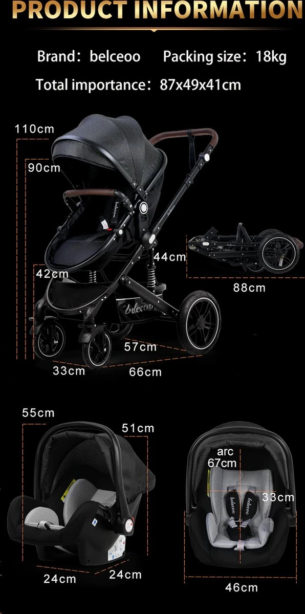 Belecoo - Luxe Kinderwagen - 3-in-1 Buggy - Opklapbare Wandelwagen - Autostoel - Wieg - Multifunctioneel - Zwart 7 Belecoo - Luxe Kinderwagen - 3-in-1 Buggy - Opklapbare Wandelwagen - Autostoel - Wieg - Multifunctioneel - Zwart - Afbeelding 5