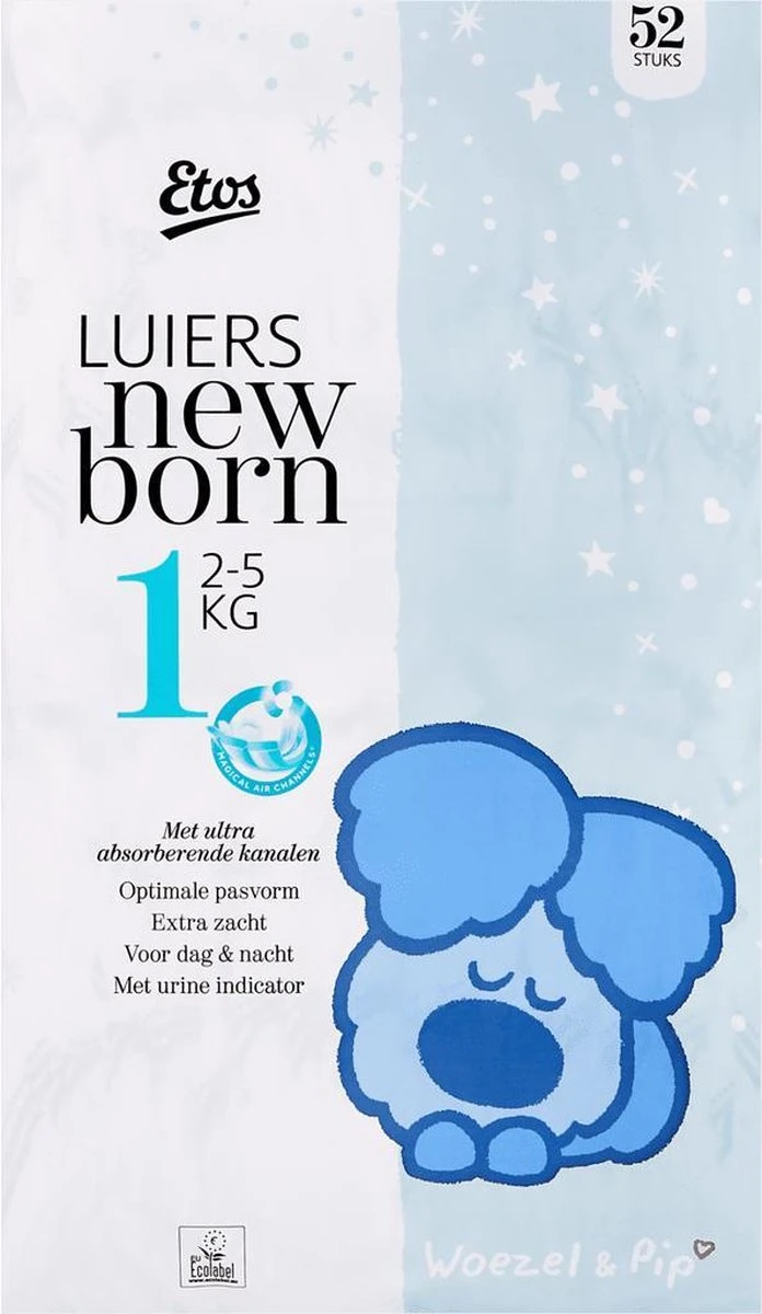 Etos Woezel & Pip Luiers - Maat 1 - 2 Tot 5kg - 156 Stuks (3 X 52 Stuks) 4 Etos Woezel & Pip Luiers - Maat 1 - 2 Tot 5kg - 156 Stuks (3 X 52 Stuks) - Afbeelding 2