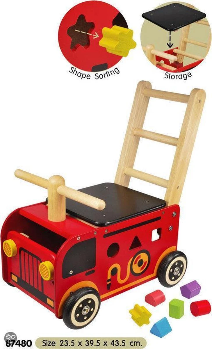 Houten Loopwagen Brandweer Met Blokken - I'm Toy 4 Houten Loopwagen Brandweer Met Blokken - I'm Toy - Afbeelding 2
