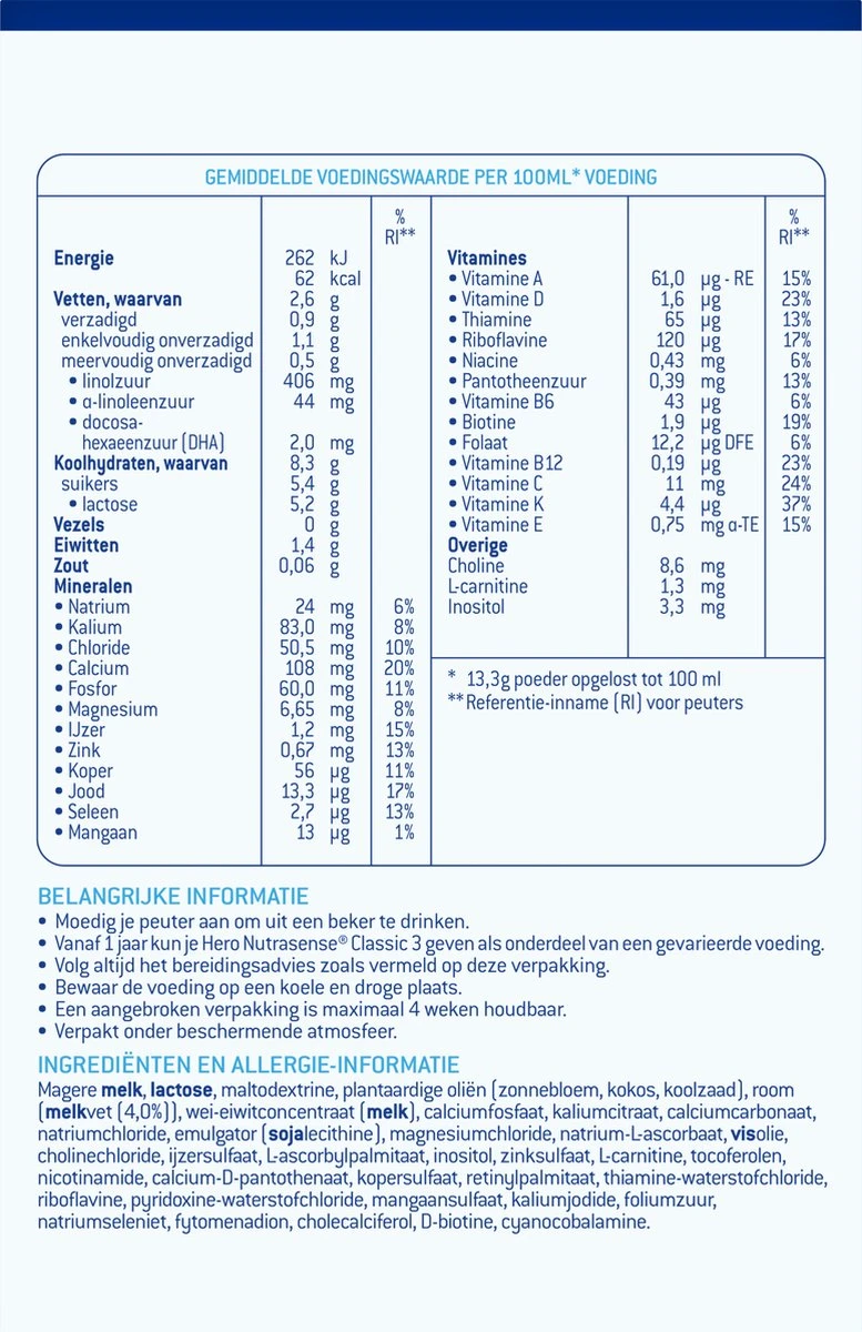 Hero Nutrasense Peutermelk Classic 3 (1+ Jaar) - 3 X 700gr - Met Melkvet - Palmolie Vrij (Voorheen Hero Baby Classic 3) 5 Hero Nutrasense Peutermelk Classic 3 (1+ Jaar) - 3 X 700gr - Met Melkvet - Palmolie Vrij (Voorheen Hero Baby Classic 3) - Afbeelding 3