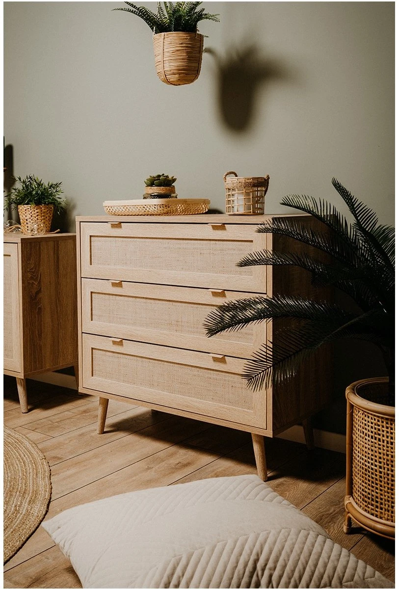 Commode 3 Tiroirs L80 Cm - Impression Rotin - Bali 18 Commode 3 Tiroirs L80 Cm - Impression Rotin - Bali - Afbeelding 16