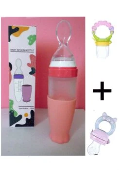 Merkloos Babyfles Met Lepel-baby/kinderbestek-100ml-BPA Vrij + 2 Bijtring/fruitspenen-rose